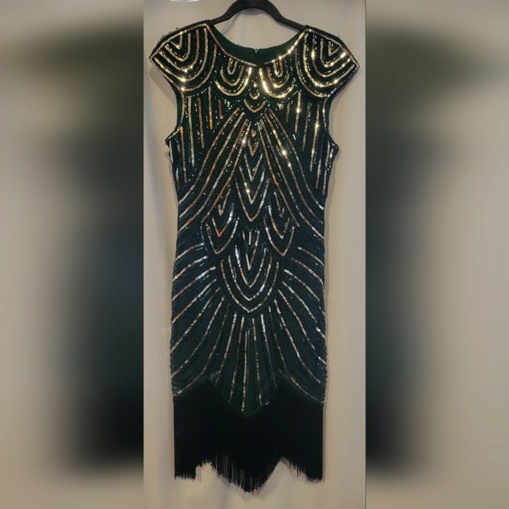 1920s flapper dress emerald and gold size large